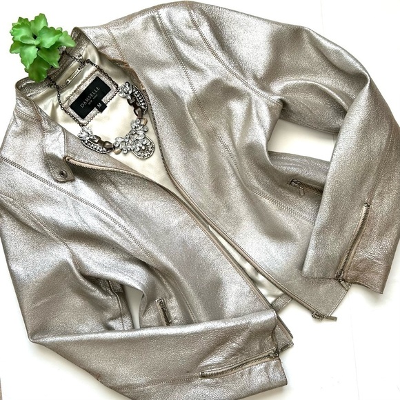 DAMSELLE NY Vintage 90s Valentina Silver Foil Lamb Leather Moto Bomber Jacket M - Picture 1 of 16